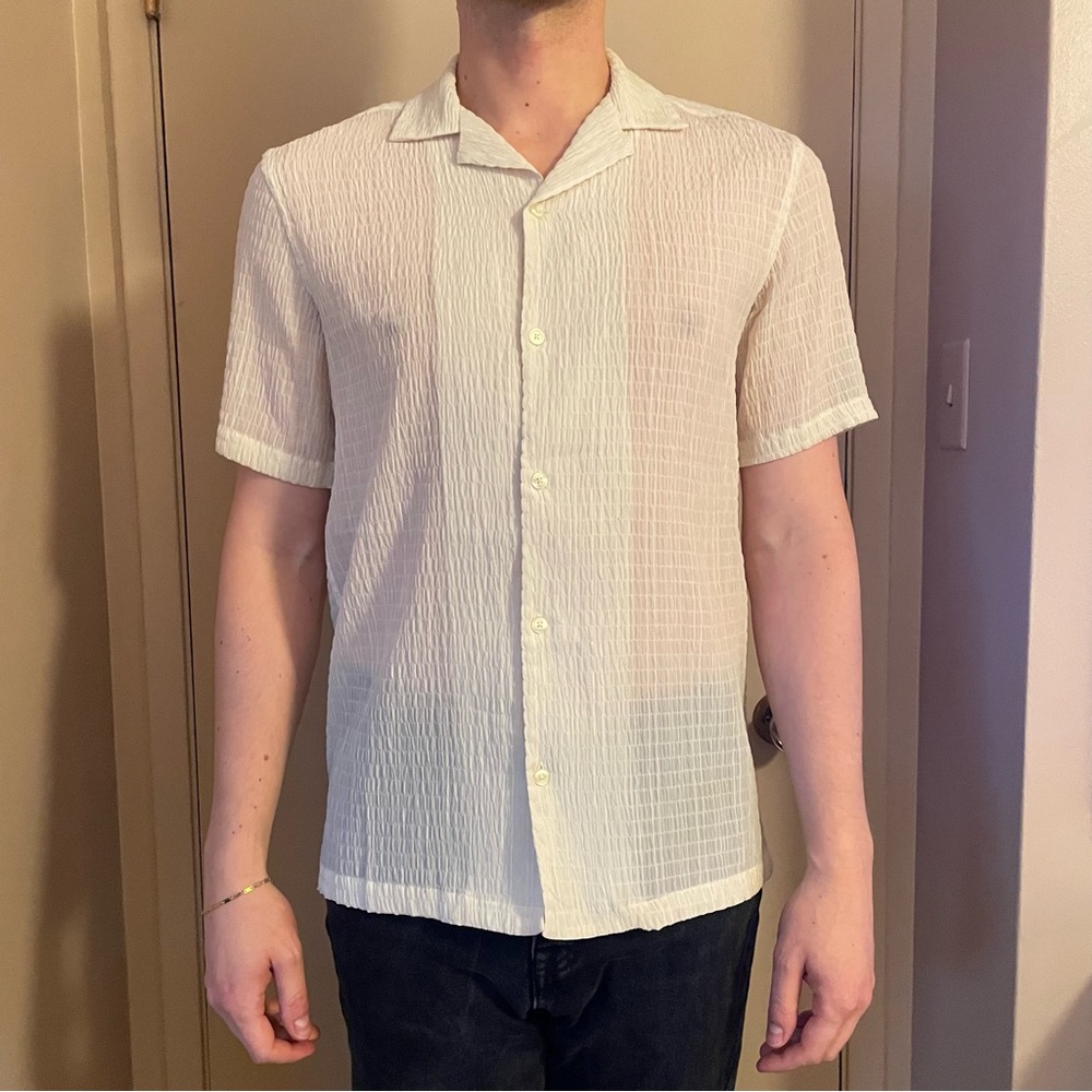 Zara Men's Cream Textured Button-Down Shirt